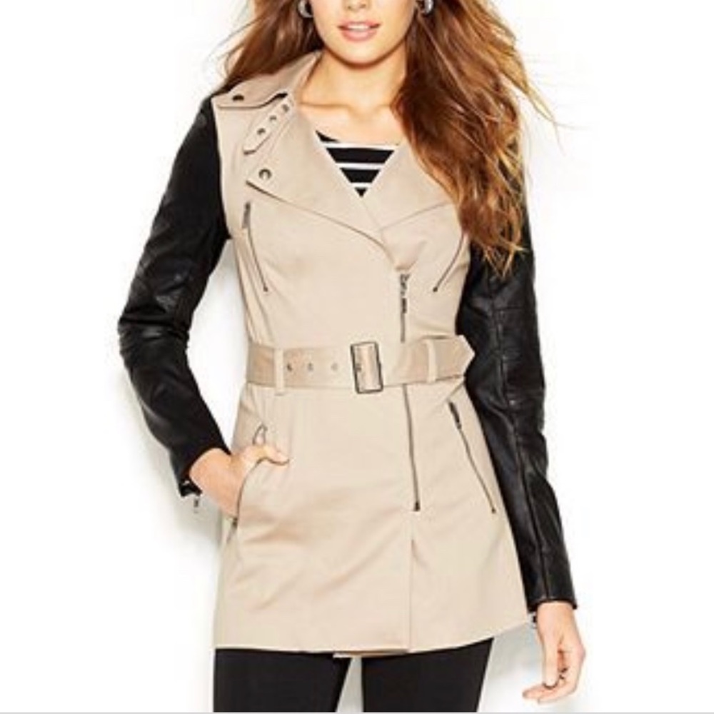 Guess Faux Leather-Sleeve Belted Peacoat | Size M